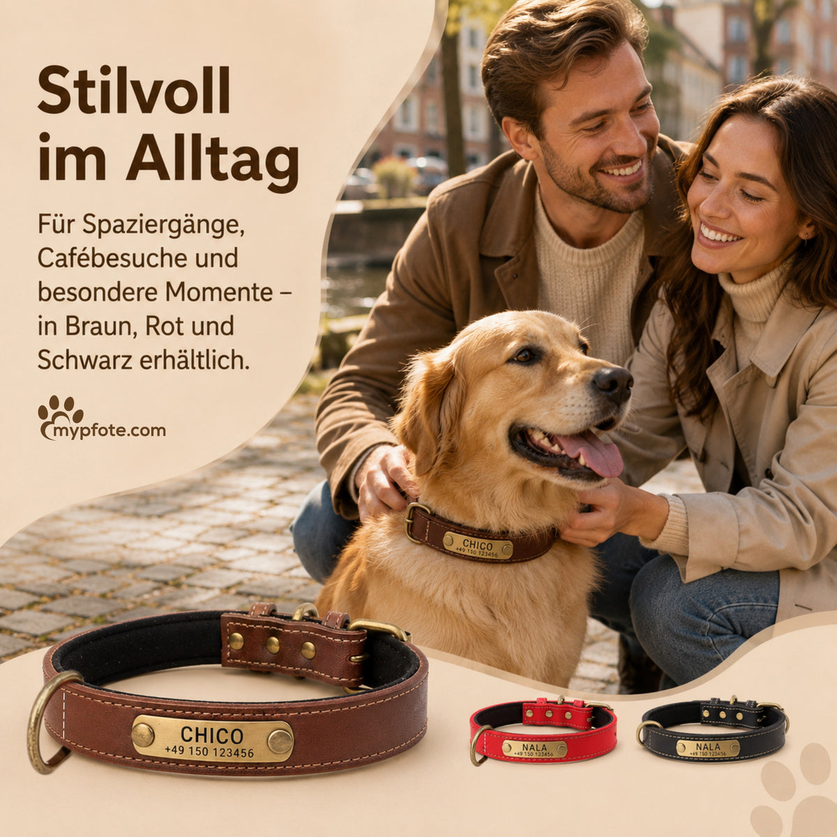 Hundkrage med namn på mässingstecken gjord av högkvalitativt läder, inhemsk stoppning av neopren, 2 massiva D-ringar