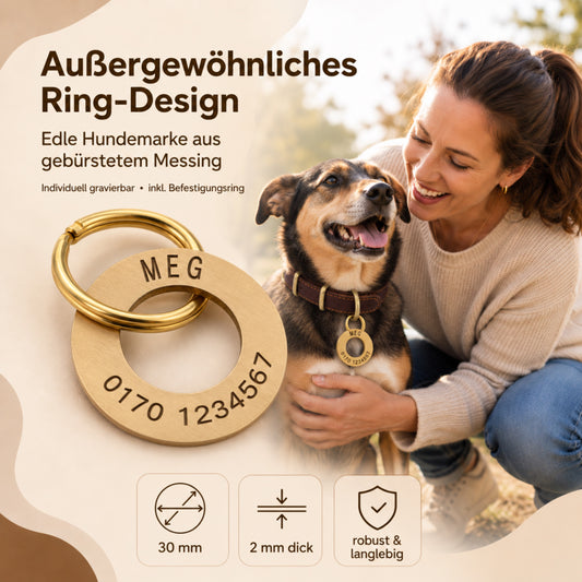 Ringformat hundmärke med gravyr, borstad mässing, 30 mm