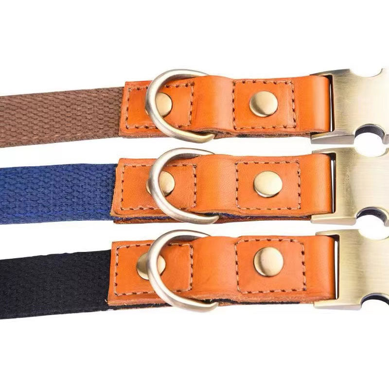 Hundhalsband "Valdo" med gravyr - robust PE-tyg & läder - matt mässing - marinblå, ljusblå eller grön (S-L)
