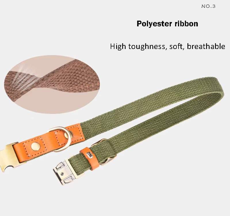 Hundhalsband "Valdo" med gravyr - robust PE-tyg & läder - matt mässing - marinblå, ljusblå eller grön (S-L)
