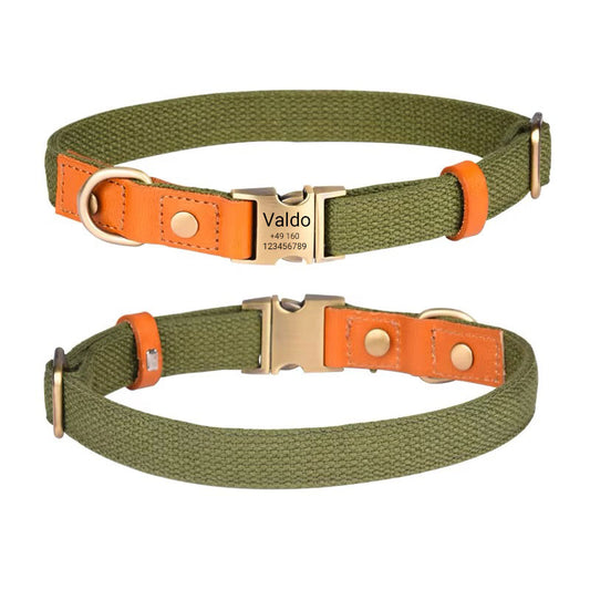 Hundhalsband "Valdo" med gravyr - robust PE-tyg & läder - matt mässing - marinblå, ljusblå eller grön (S-L)