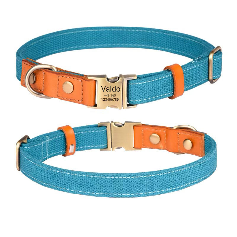 Hundhalsband "Valdo" med gravyr - robust PE-tyg & läder - matt mässing - marinblå, ljusblå eller grön (S-L)