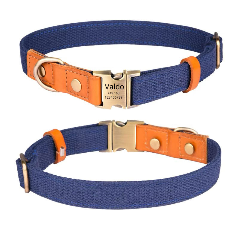 Hundhalsband "Valdo" med gravyr - robust PE-tyg & läder - matt mässing - marinblå, ljusblå eller grön (S-L)