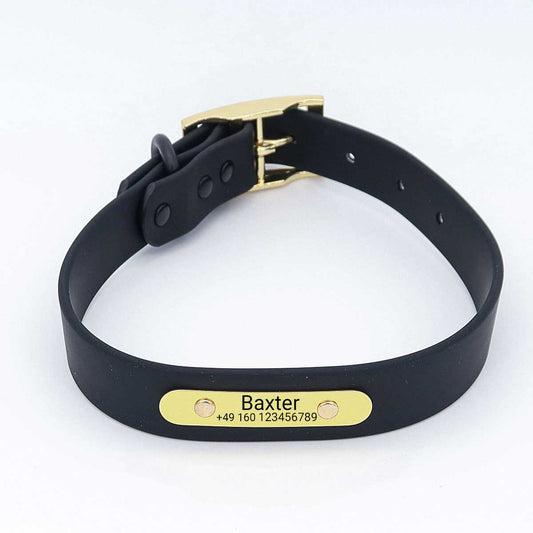 Vattentätt biothane hundhalsband "Baxter" med gravyr - Namn & telefonnummer - Utomhus - Grönt eller Svart - S, M, L