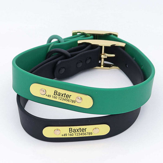 Vattentätt biothane hundhalsband "Baxter" med gravyr - Namn & telefonnummer - Utomhus - Grönt eller Svart - S, M, L