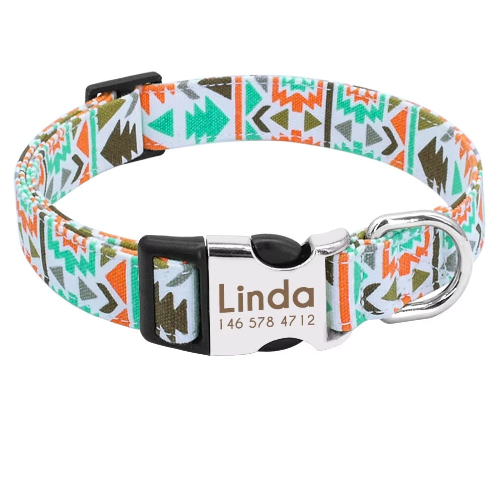 Hundhalsband "Gipsy" graverat med namn och telefon, nylon i deco-stil