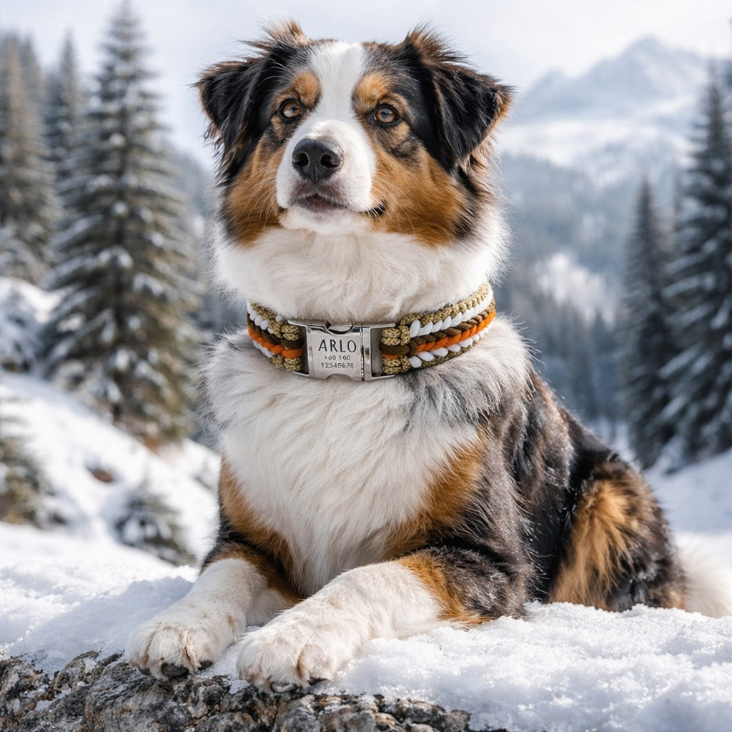 Arlo - Handgjort hundhalsband i paracord med gravyr | Orange-Brun-Vit-Beige