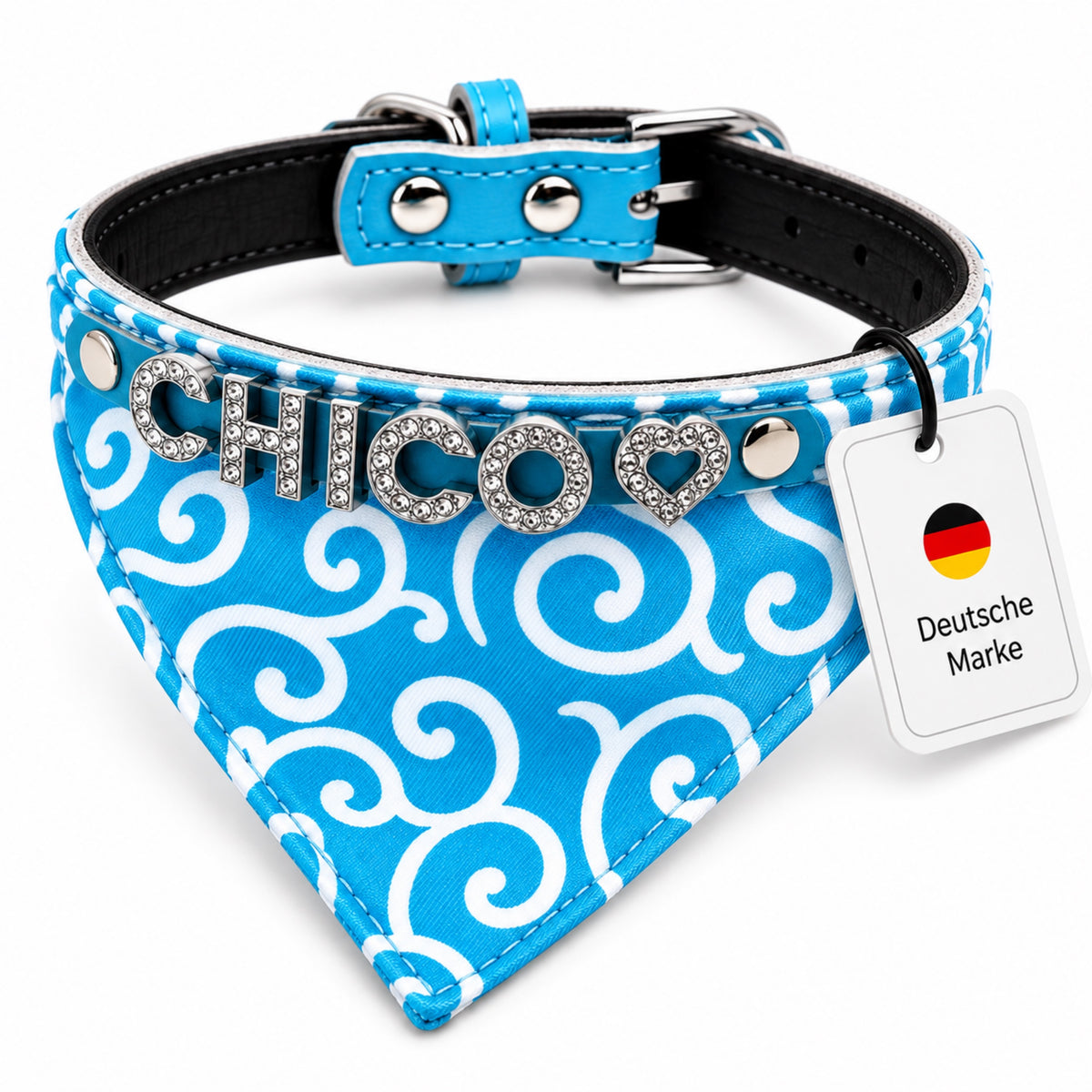 Hundbandana med namn och hundhalsband av äkta läder. Dekorerad med glittrande strassbokstäver