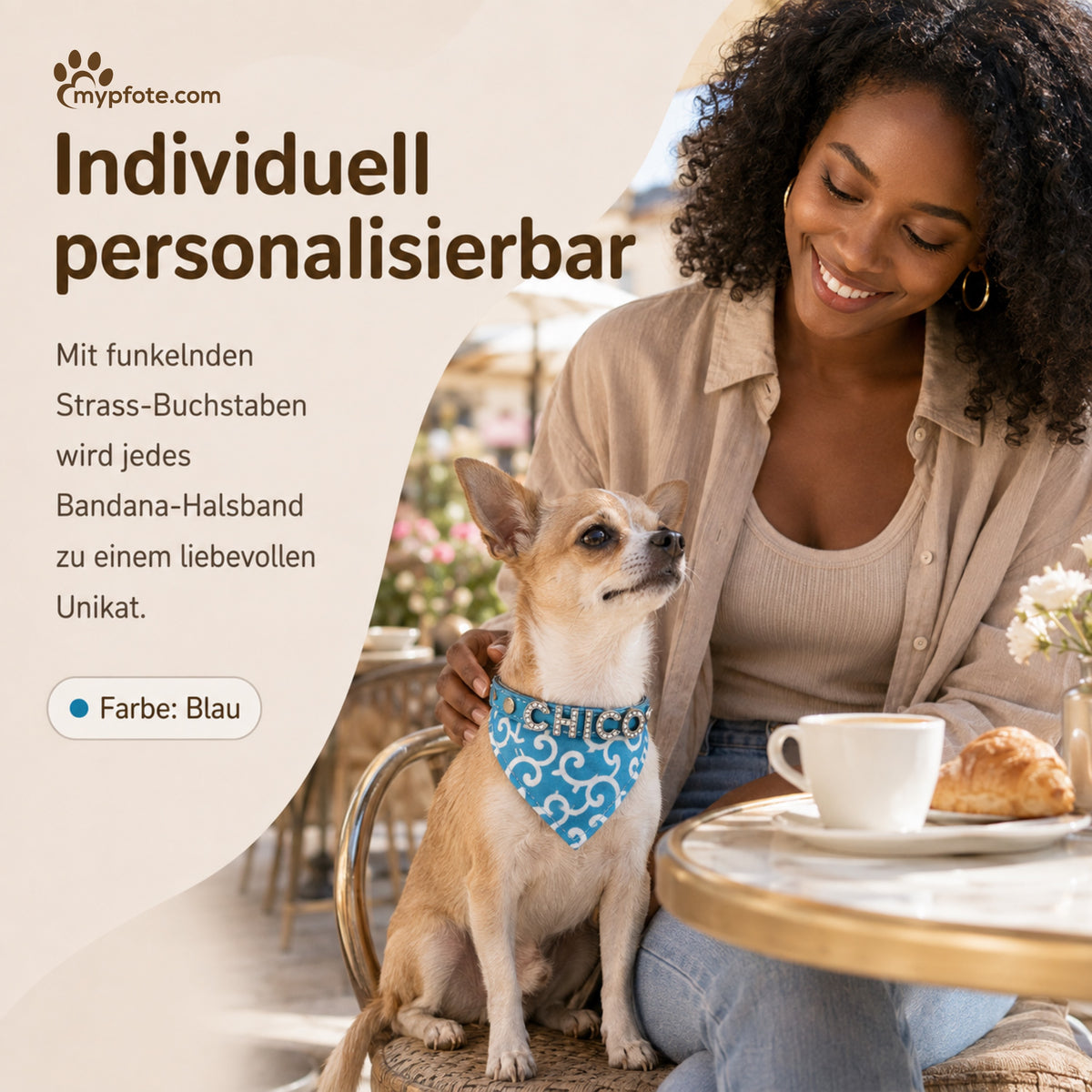 Hundbandana med namn och hundhalsband av äkta läder. Dekorerad med glittrande strassbokstäver
