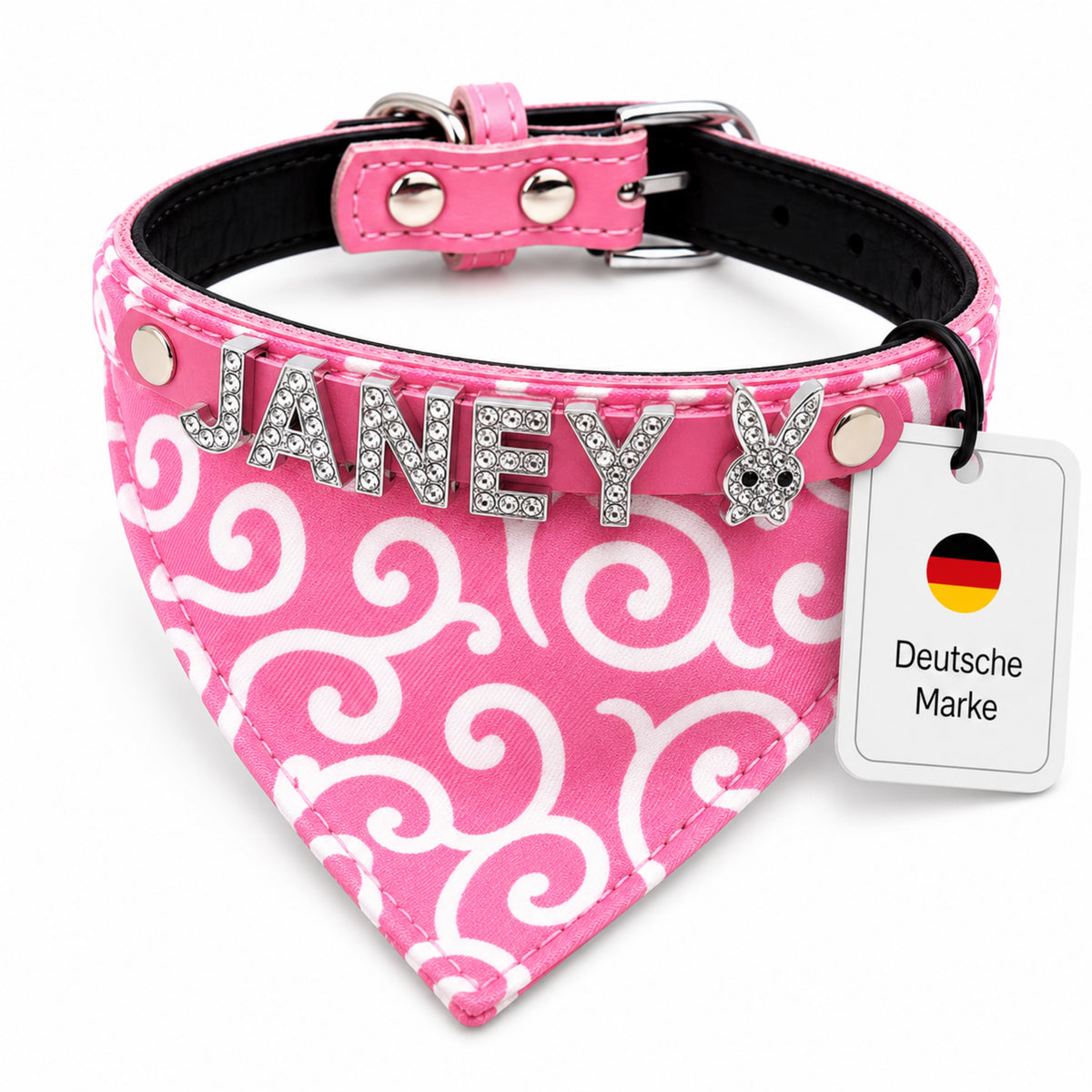 Hundbandana med namn och hundhalsband av äkta läder. Dekorerad med glittrande strassbokstäver