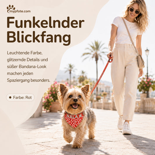 Hundbandana med namn och hundhalsband av äkta läder. Dekorerad med glittrande strassbokstäver