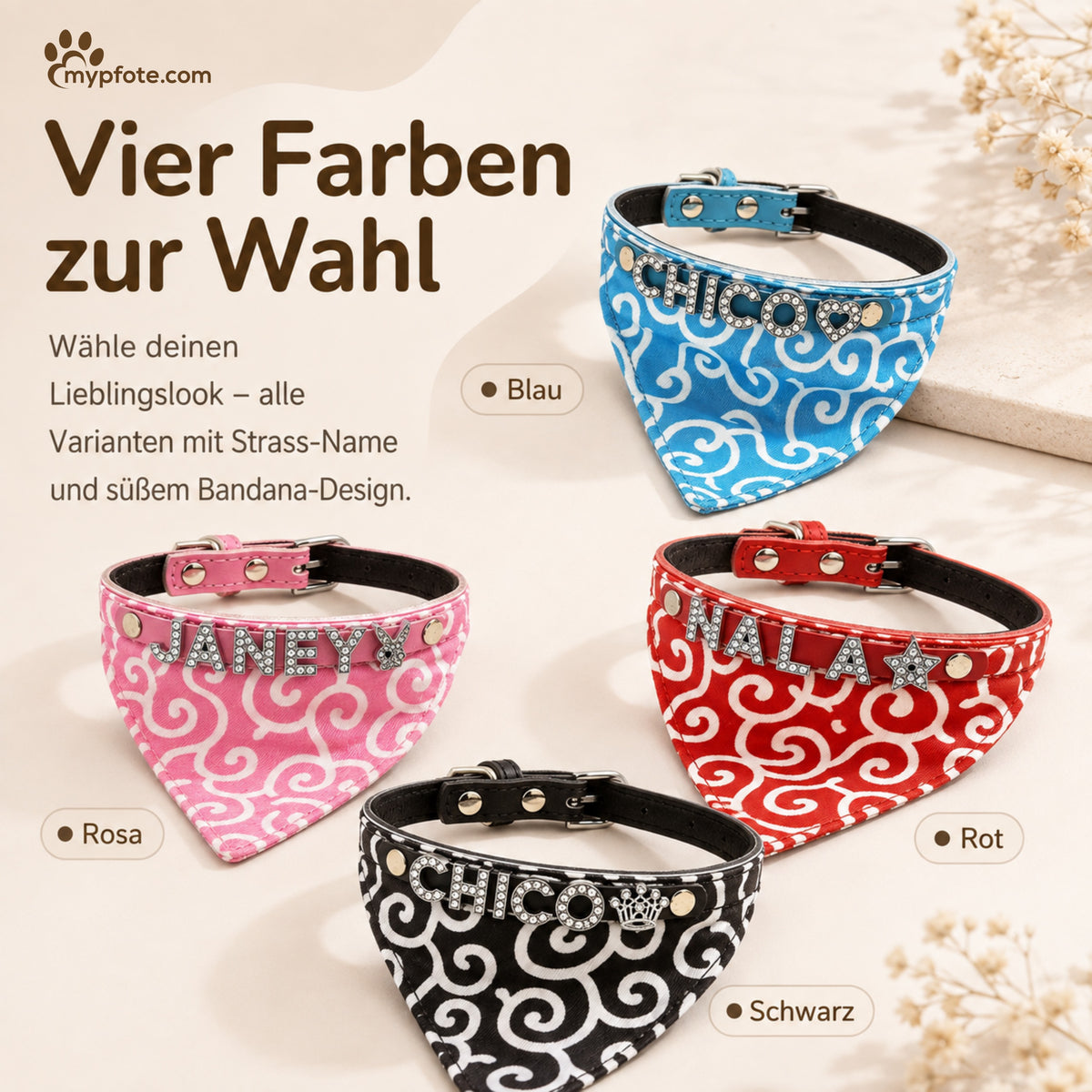 Hundbandana med namn och hundhalsband av äkta läder. Dekorerad med glittrande strassbokstäver