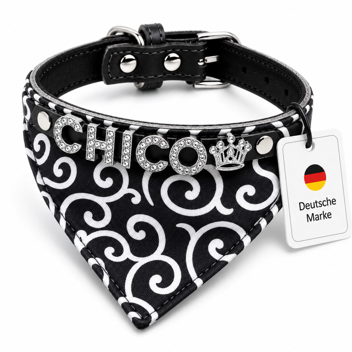 Hundbandana med namn och hundhalsband av äkta läder. Dekorerad med glittrande strassbokstäver