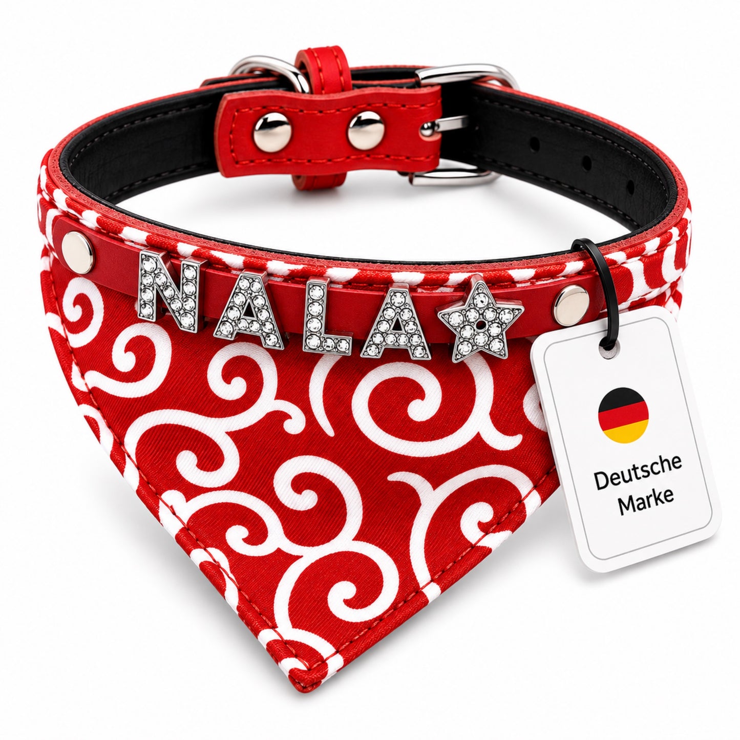 Hundbandana med namn och hundhalsband av äkta läder. Dekorerad med glittrande strassbokstäver