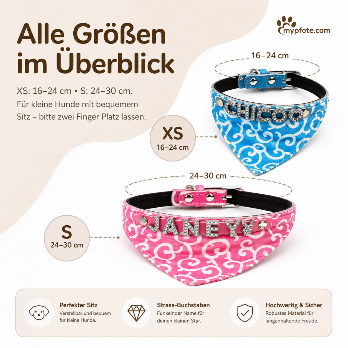Hundbandana med namn och hundhalsband av äkta läder. Dekorerad med glittrande strassbokstäver