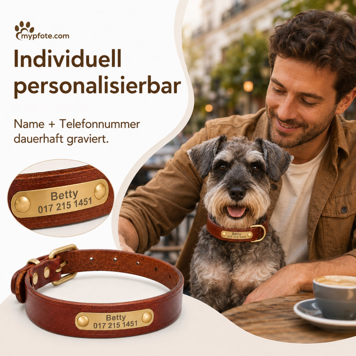 Läderhalsband med guldfärgad tagg, graverat namn och telefon