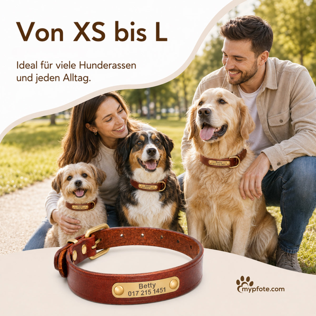 Läderhalsband med guldfärgad tagg, graverat namn och telefon