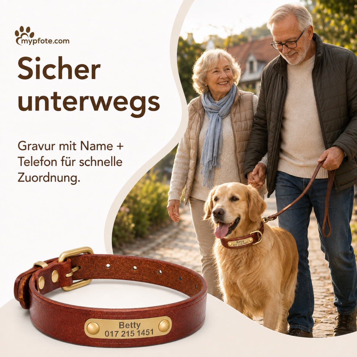 Läderhalsband med guldfärgad tagg, graverat namn och telefon