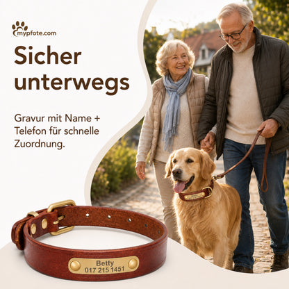Läderhalsband med guldfärgad tagg, graverat namn och telefon