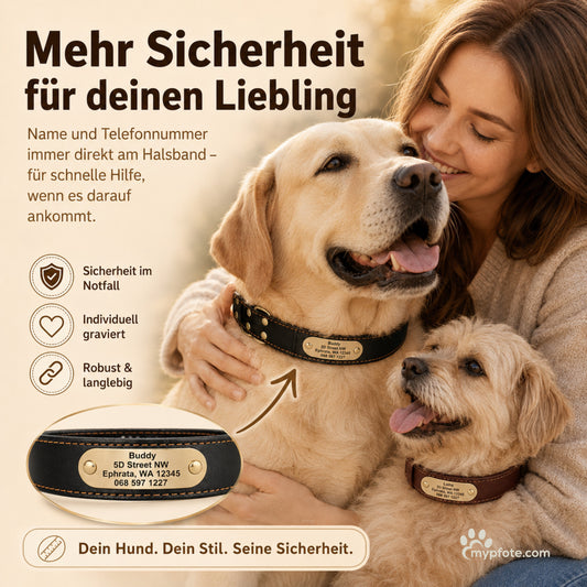 Ädelt hundhalsband av kohudsläder med graverat namn och telefon
