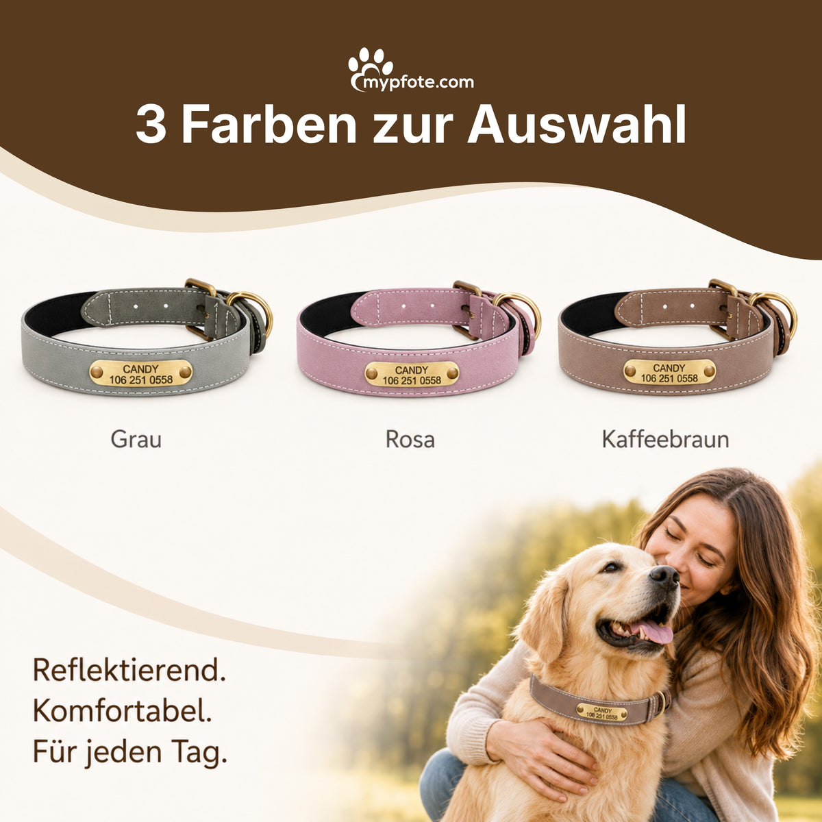 Vackert reflekterande hundhalsband med ingraverat namn 