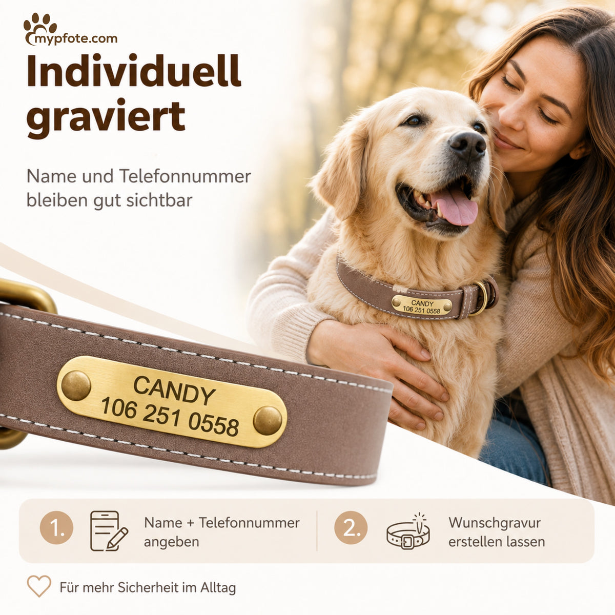 Vackert reflekterande hundhalsband med ingraverat namn 