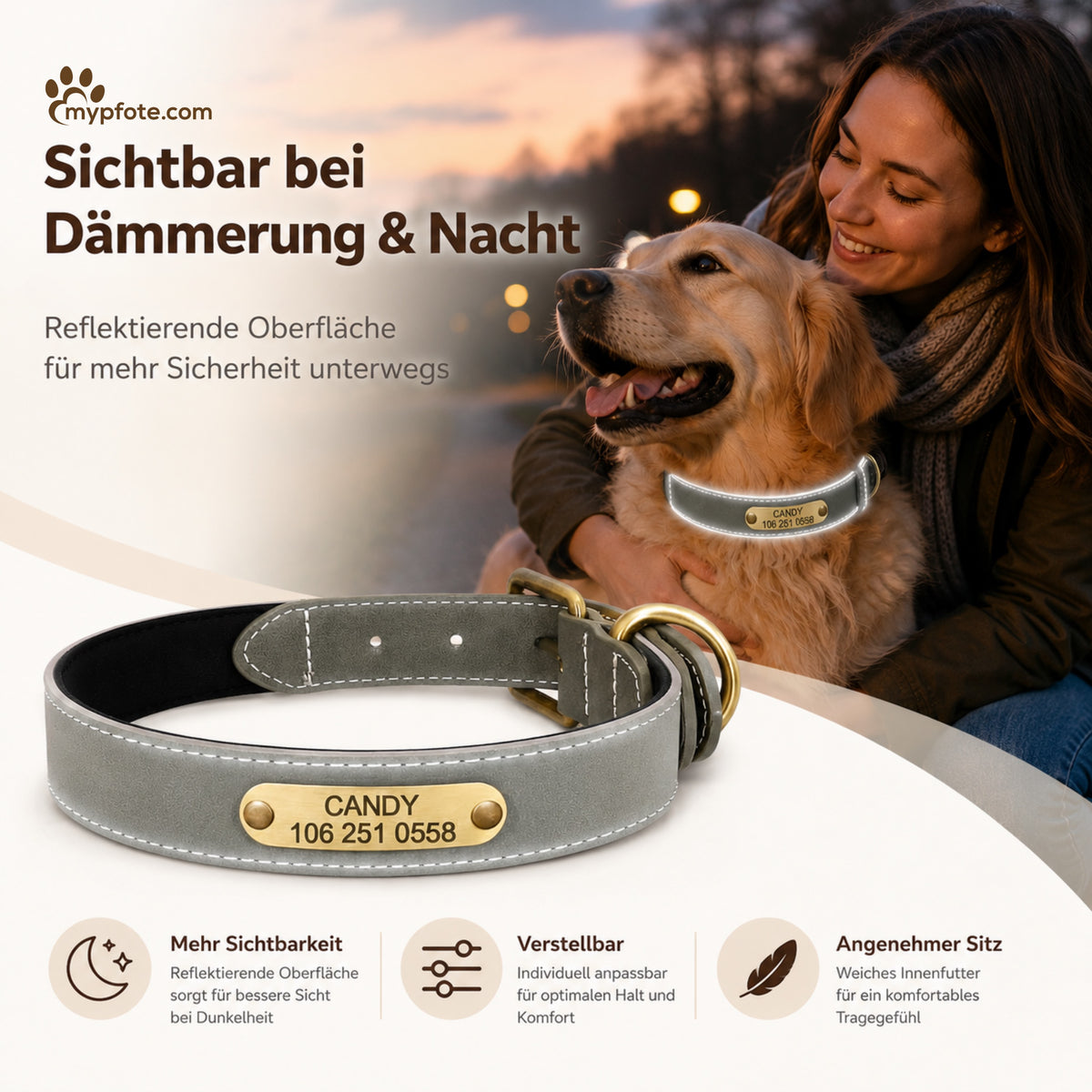 Vackert reflekterande hundhalsband med ingraverat namn 