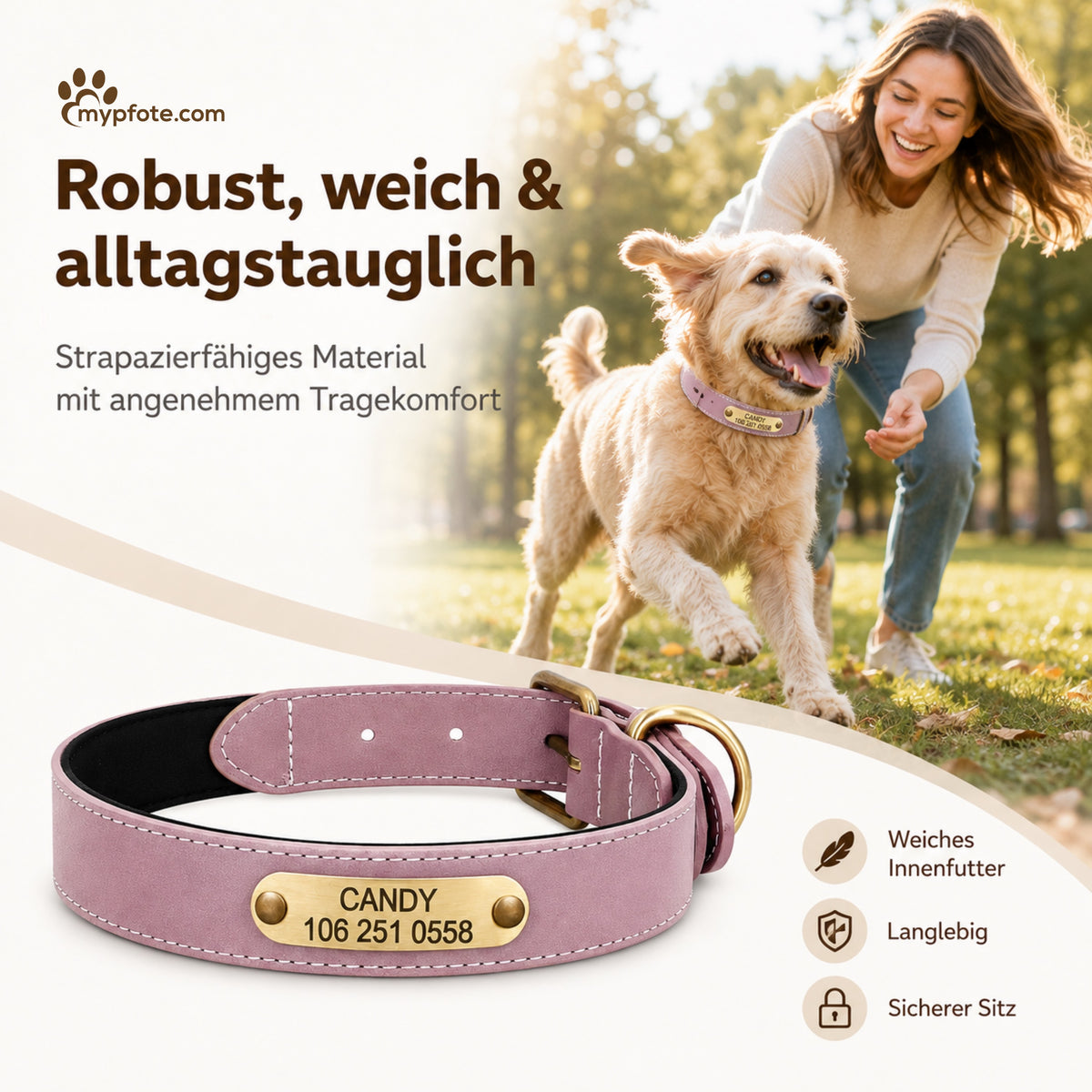 Vackert reflekterande hundhalsband med ingraverat namn 