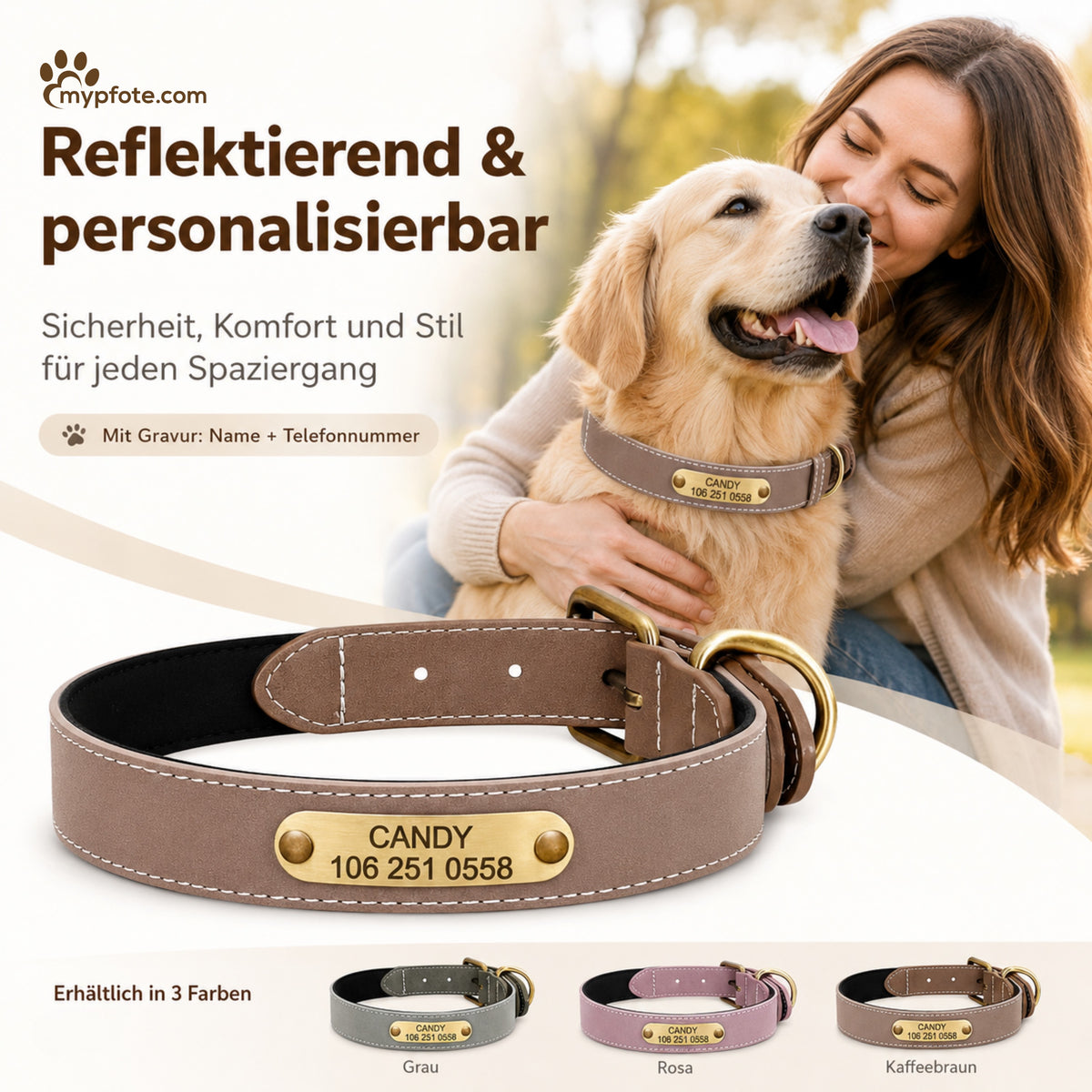 Vackert reflekterande hundhalsband med ingraverat namn 