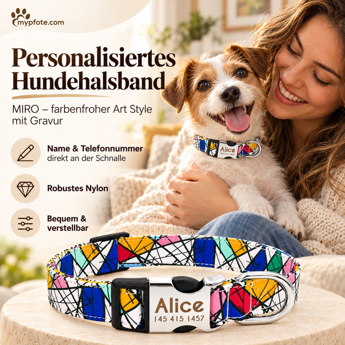Hundhalsband "Miro" graverat med namn och telefon, nylon, Art Style