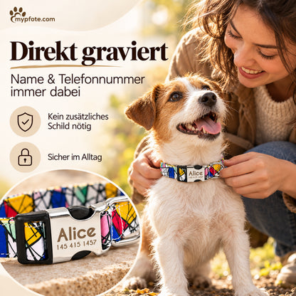 Hundhalsband "Miro" graverat med namn och telefon, nylon, Art Style