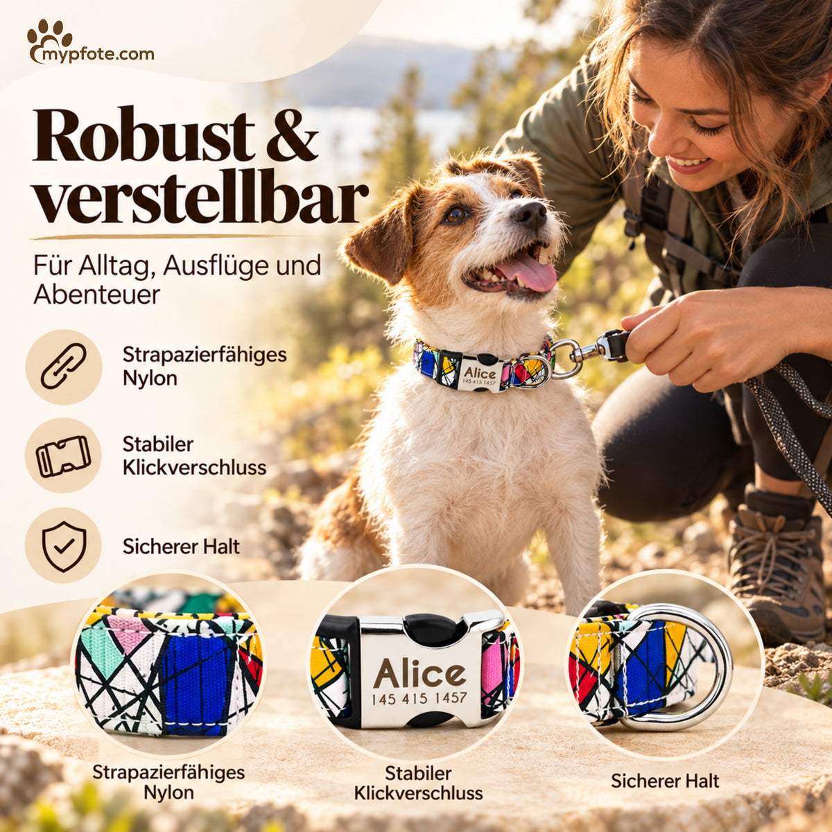 Hundhalsband "Miro" graverat med namn och telefon, nylon, Art Style