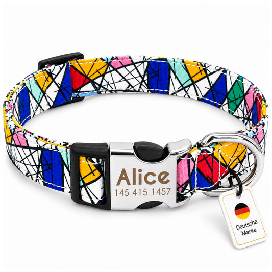 Hundhalsband "Miro" graverat med namn och telefon, nylon, Art Style
