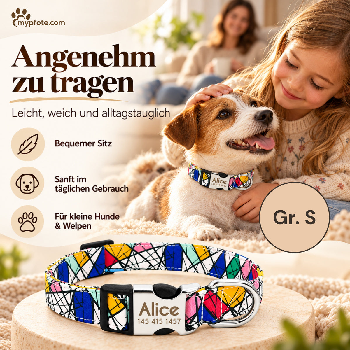 Hundhalsband "Miro" graverat med namn och telefon, nylon, Art Style
