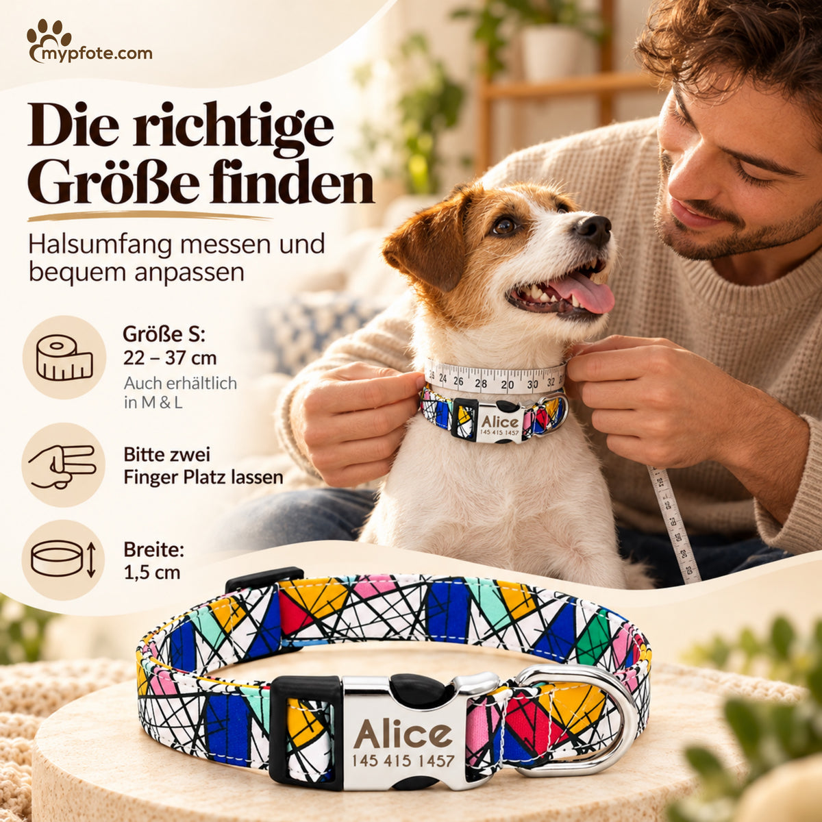 Hundhalsband "Miro" graverat med namn och telefon, nylon, Art Style