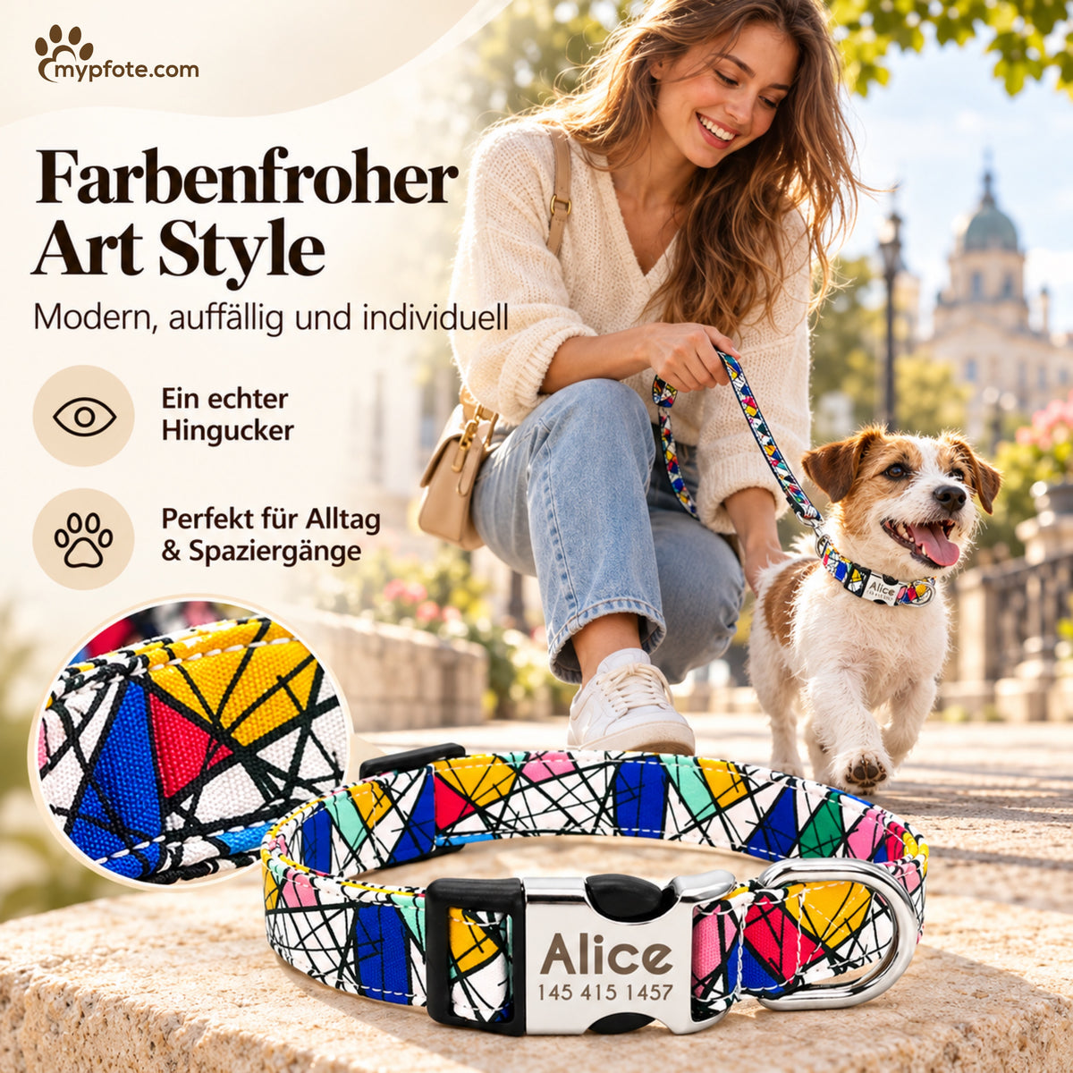 Hundhalsband "Miro" graverat med namn och telefon, nylon, Art Style