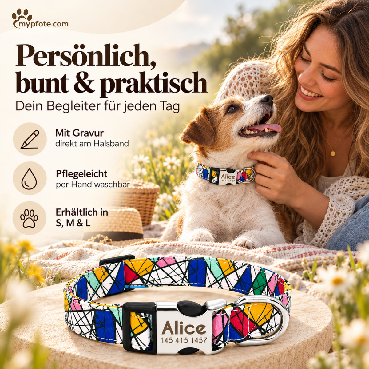 Hundhalsband "Miro" graverat med namn och telefon, nylon, Art Style