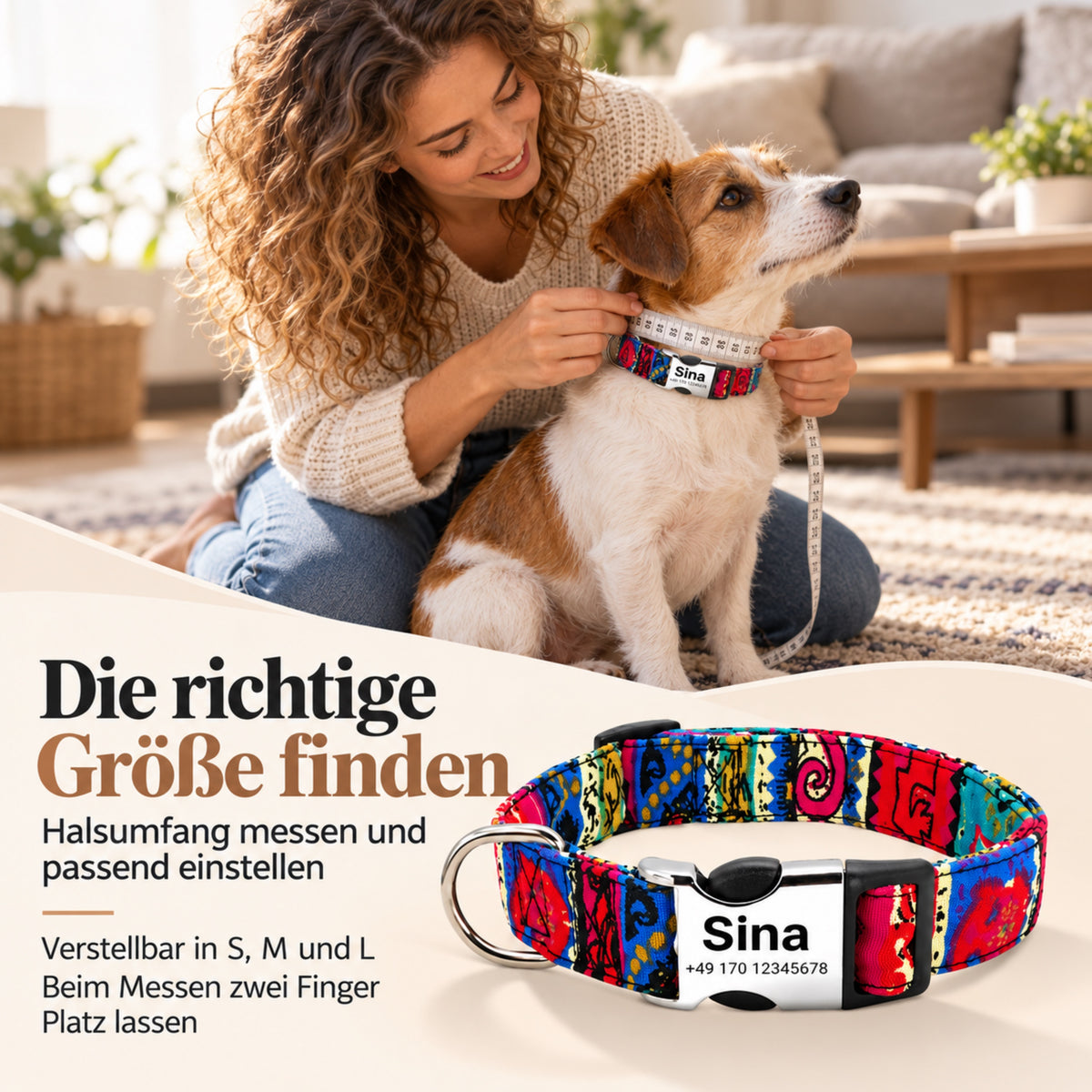Hundhalsband "Sina" - Personifierat med namn och nummer | Justerbart, färgglatt och robust