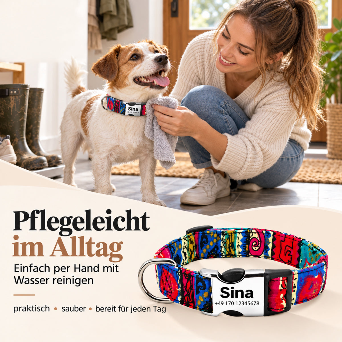 Hundhalsband "Sina" - Personifierat med namn och nummer | Justerbart, färgglatt och robust