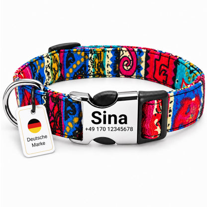 Hundhalsband "Sina" - Personifierat med namn och nummer | Justerbart, färgglatt och robust