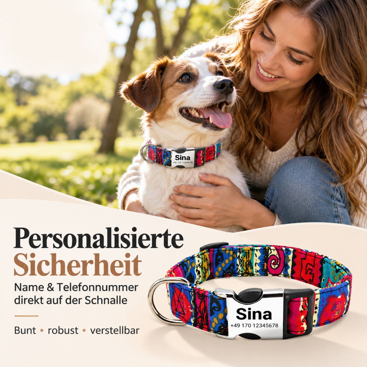 Hundhalsband "Sina" - Personifierat med namn och nummer | Justerbart, färgglatt och robust