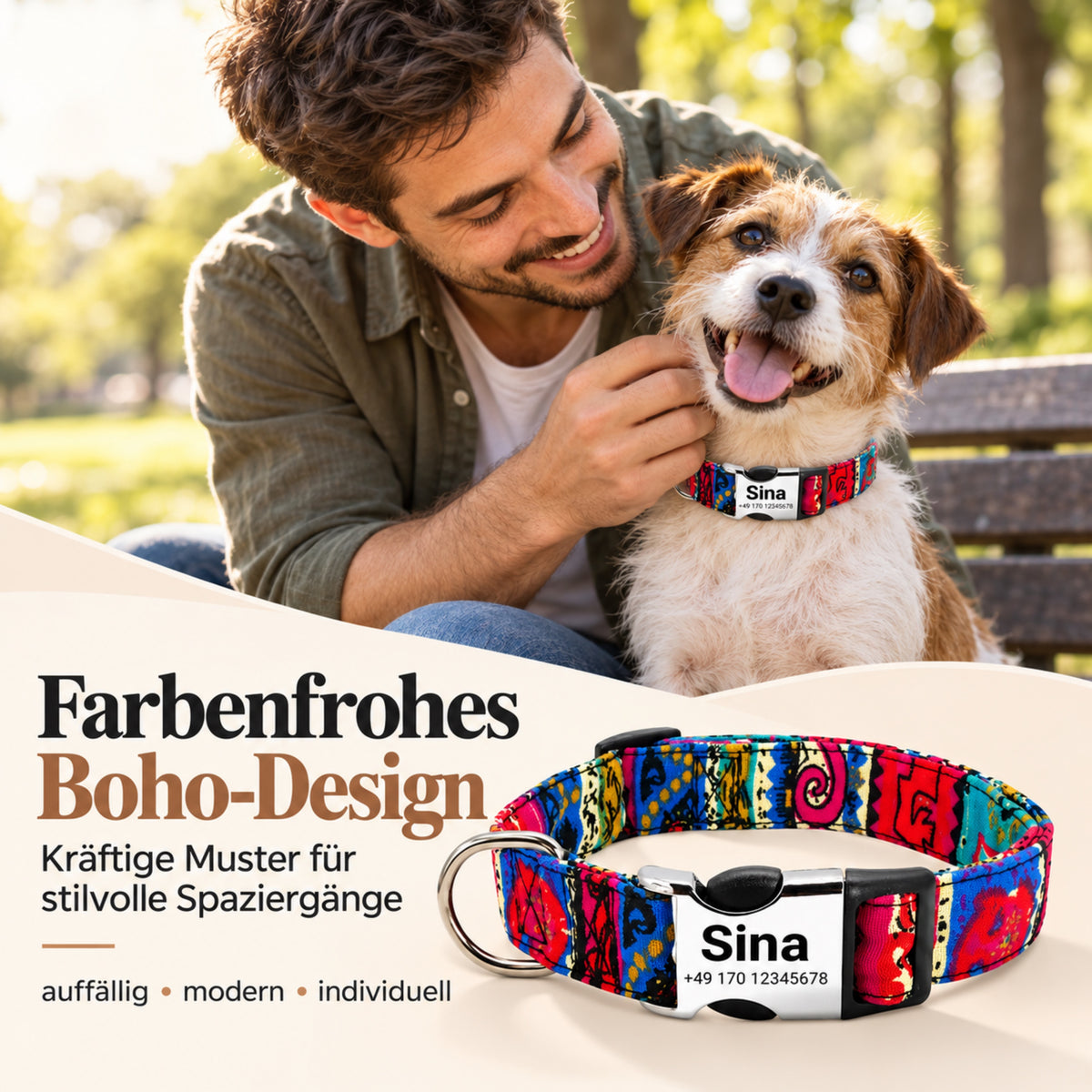 Hundhalsband "Sina" - Personifierat med namn och nummer | Justerbart, färgglatt och robust