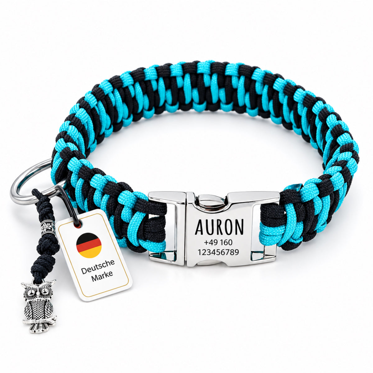 Hundhalsband i paracord "Auron" med gravering av namn och telefon på spännet, tre olika storlekar