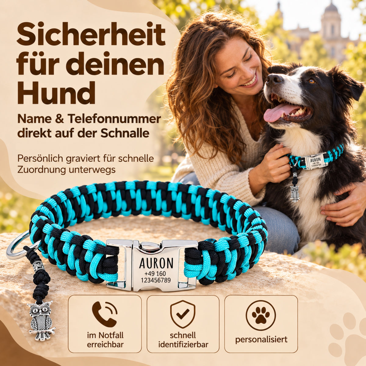 Hundhalsband i paracord "Auron" med gravering av namn och telefon på spännet, tre olika storlekar