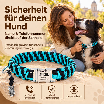 Hundhalsband i paracord "Auron" med gravering av namn och telefon på spännet, tre olika storlekar