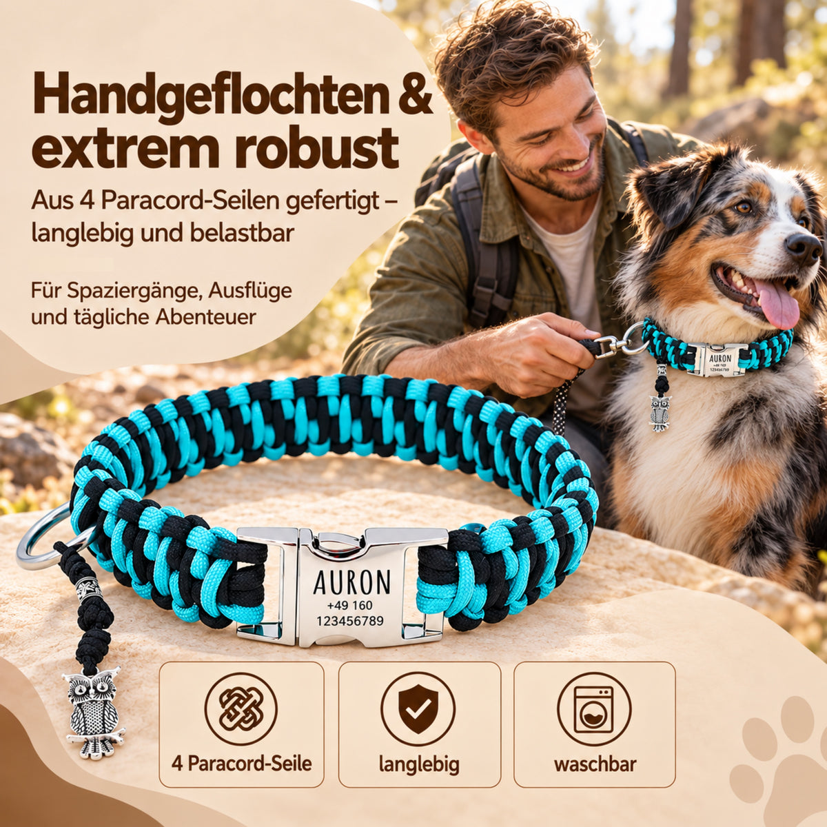 Hundhalsband i paracord "Auron" med gravering av namn och telefon på spännet, tre olika storlekar