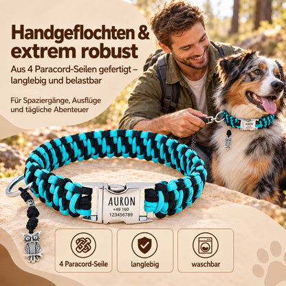 Hundhalsband i paracord "Auron" med gravering av namn och telefon på spännet, tre olika storlekar