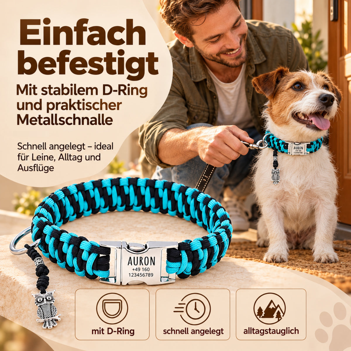 Hundhalsband i paracord "Auron" med gravering av namn och telefon på spännet, tre olika storlekar