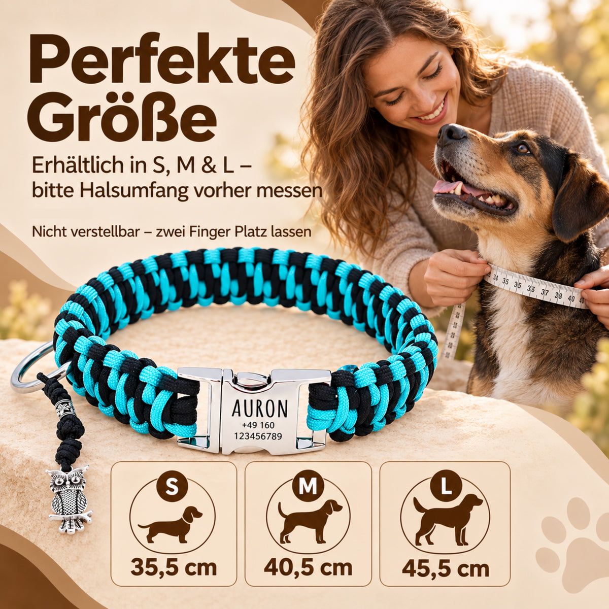 Hundhalsband i paracord "Auron" med gravering av namn och telefon på spännet, tre olika storlekar