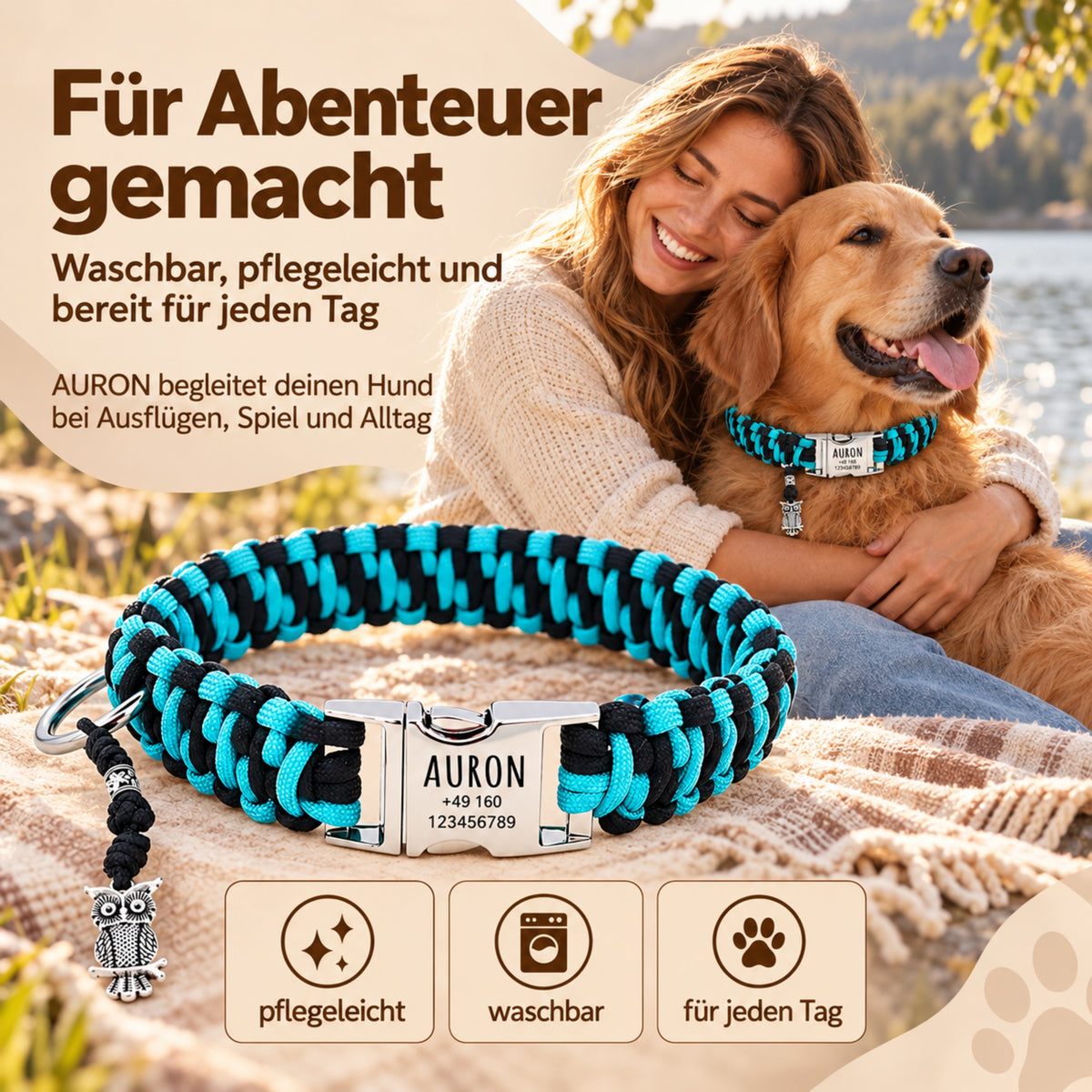 Hundhalsband i paracord "Auron" med gravering av namn och telefon på spännet, tre olika storlekar